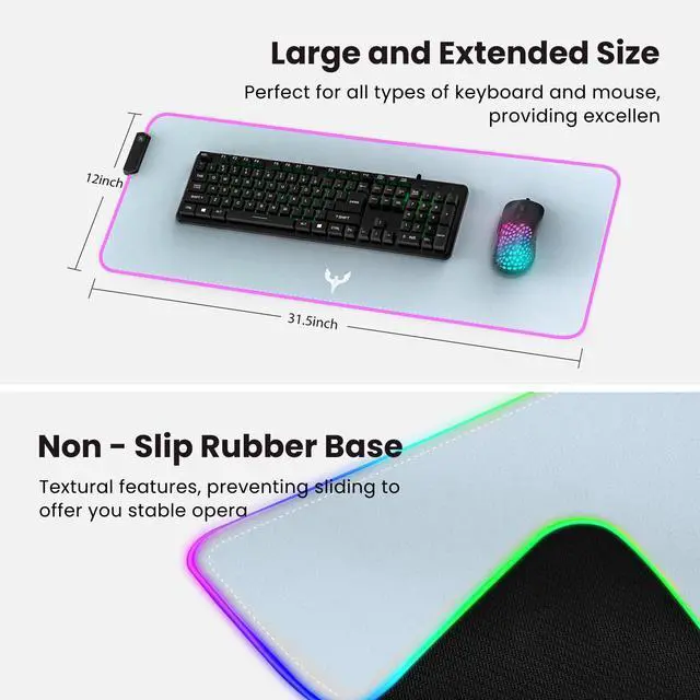 Alt view image 5 of 6 - RGB Gaming Mouse Pad Extra Large Extended 31.5x12 Inch-Grey | LED mouse pad with 14 lighting modes, covers keyboard & mouse, anti-slip rubber base, waterproof surface, USB powered