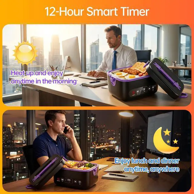 Alt view image 5 of 7 - 2X1.2L 100W Cordless Electric Heated Lunch Box, Upgared 5D Surround Heat Tech 6x4000mAh Battery Powered with Dual Insulated Bag, Portable Food Warmer Automatic Heating 220°F Max BPA Free Purple