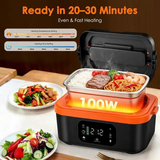 Alt view image 4 of 7 - Cordless Heated Lunch Box for Adults, 30000mAh Battery, 100W, 6-Cup | 316 stainless steel container, smart scheduled heating, LED display and insulated carry lunch bag for work and camping