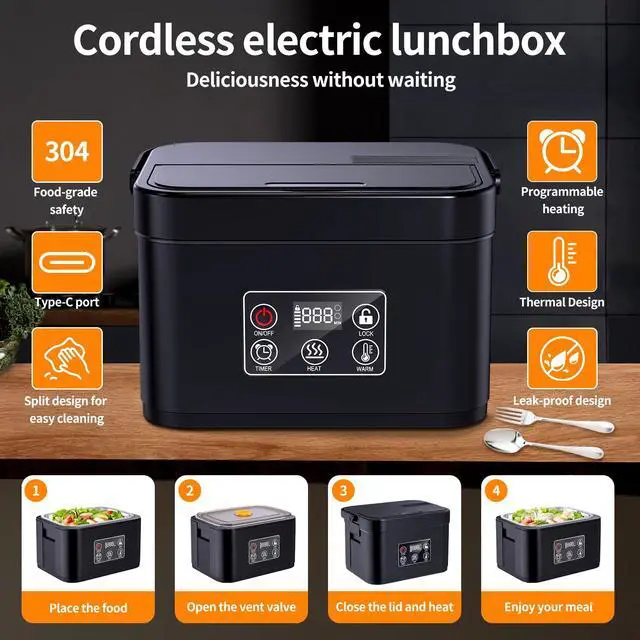 Alt view image 2 of 7 - Cordless Electric Lunch Box, Heated Lunch Box Battery Powered Automatic Heating 1.5L Portable Lunchbox Food Warmer for Outdoor, Car, Truck, Work, Travel