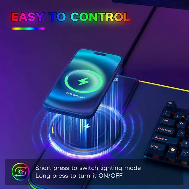 Alt view image 2 of 6 - Charging RGB Gaming Mouse Pad - Wireless 15W Mousepad LED Extra Large Mouse Mat 80 * 30cm, 10 Light Modes Gaming Room Accessories, Computer Keyboard Mat Fast Charging Desk Mat for Gaming, Black | 15W