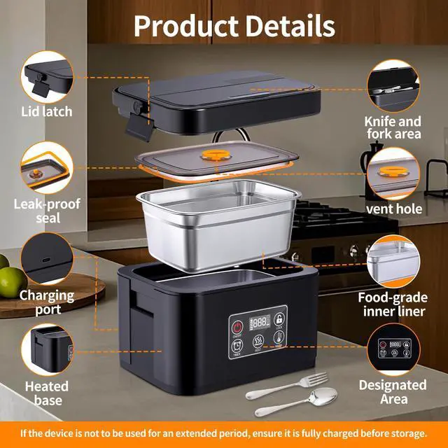Alt view image 3 of 7 - Cordless Electric Lunch Box, Heated Lunch Box Battery Powered Automatic Heating 1.5L Portable Lunchbox Food Warmer for Outdoor, Car, Truck, Work, Travel