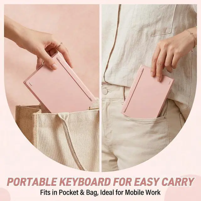 Alt view image 2 of 7 - Wireless Foldable Mini Rechargeable 5.4 Bluetooth Keyboard, 3 Bluetooth Channels, Ultra-Slim Travel Keyboard for iPhone iPad Mac Android Windows iOS, Silent Keyboard for Tablet Laptop Office (Pink)