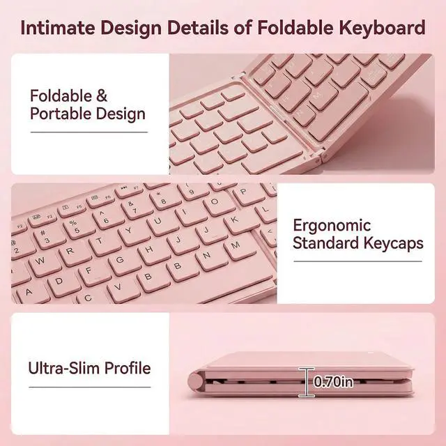 Alt view image 3 of 7 - Wireless Foldable Mini Rechargeable 5.4 Bluetooth Keyboard, 3 Bluetooth Channels, Ultra-Slim Travel Keyboard for iPhone iPad Mac Android Windows iOS, Silent Keyboard for Tablet Laptop Office (Pink)