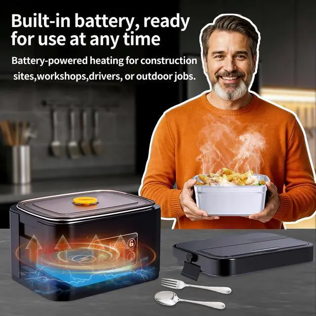 Alt view image 5 of 7 - Cordless Electric Lunch Box, Heated Lunch Box Battery Powered Automatic Heating 1.5L Portable Lunchbox Food Warmer for Outdoor, Car, Truck, Work, Travel