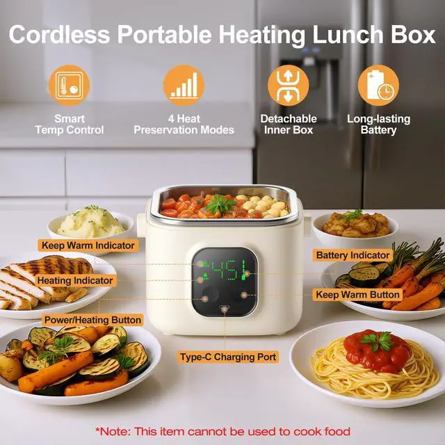 Alt view image 6 of 7 - Wireless Portable Adult Electric Lunch Warmer Powered By 14000mAh Battery Self-Heating Food Warmer Type-C Rechargeable Port 0.8L Portable Self-Heating Food Warmer Ideal for Office Camping Outdoor