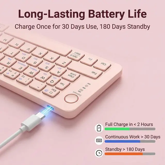 Alt view image 4 of 7 - Wireless Foldable Mini Rechargeable 5.4 Bluetooth Keyboard, 3 Bluetooth Channels, Ultra-Slim Travel Keyboard for iPhone iPad Mac Android Windows iOS, Silent Keyboard for Tablet Laptop Office (Pink)