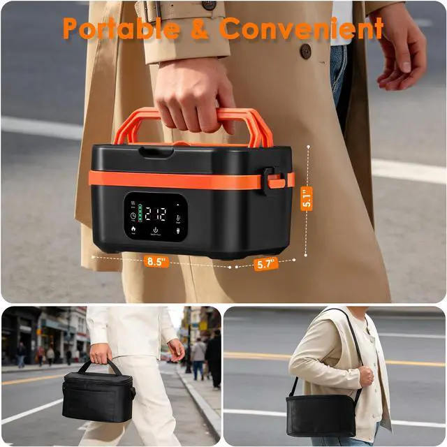 Alt view image 7 of 7 - Cordless Heated Lunch Box for Adults, 30000mAh Battery, 100W, 6-Cup | 316 stainless steel container, smart scheduled heating, LED display and insulated carry lunch bag for work and camping