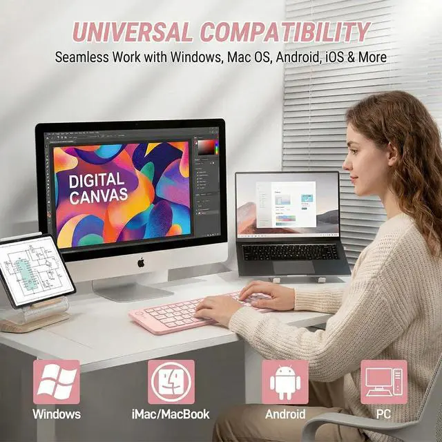 Alt view image 5 of 7 - Wireless Foldable Mini Rechargeable 5.4 Bluetooth Keyboard, 3 Bluetooth Channels, Ultra-Slim Travel Keyboard for iPhone iPad Mac Android Windows iOS, Silent Keyboard for Tablet Laptop Office (Pink)