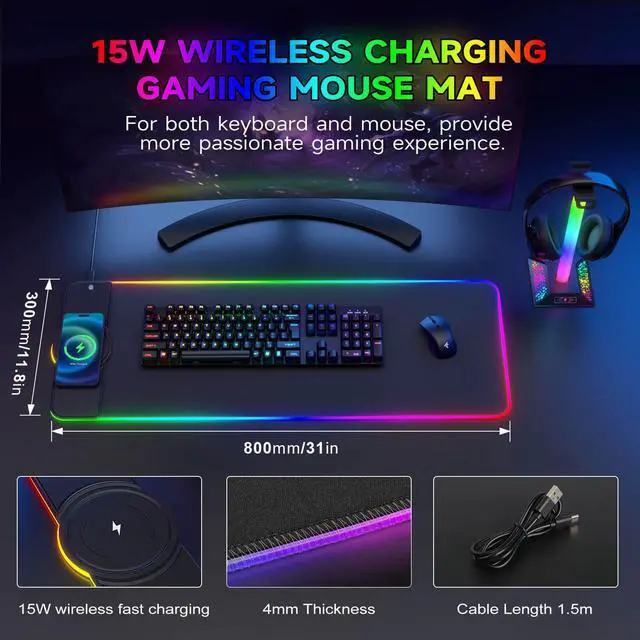 Alt view image 6 of 6 - Charging RGB Gaming Mouse Pad - Wireless 15W Mousepad LED Extra Large Mouse Mat 80 * 30cm, 10 Light Modes Gaming Room Accessories, Computer Keyboard Mat Fast Charging Desk Mat for Gaming, Black | 15W