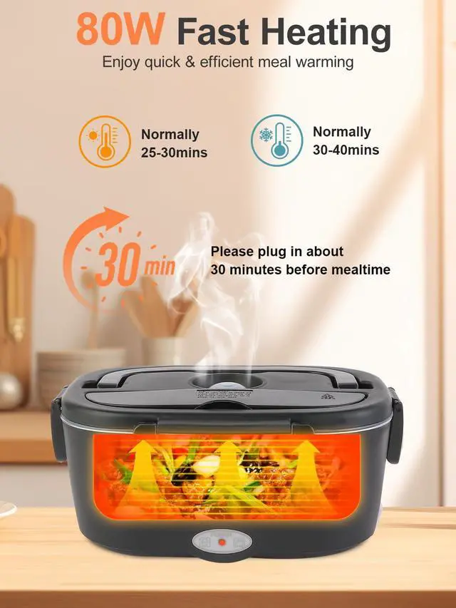Alt view image 2 of 7 - SOHIDA Electric Lunch Box, 80W Heated Food Warmer with Dual Containers | Fast Heating, Dual 1.5L 304 Containers with Lids, Portable 12/24/110V for Car/Truck/Work, Lonchera Eléctrica Portátil