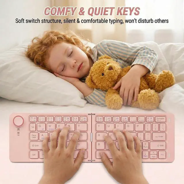 Alt view image 6 of 7 - Wireless Foldable Mini Rechargeable 5.4 Bluetooth Keyboard, 3 Bluetooth Channels, Ultra-Slim Travel Keyboard for iPhone iPad Mac Android Windows iOS, Silent Keyboard for Tablet Laptop Office (Pink)