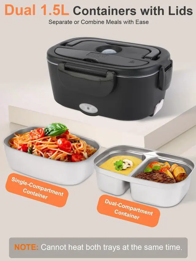 Alt view image 3 of 7 - SOHIDA Electric Lunch Box, 80W Heated Food Warmer with Dual Containers | Fast Heating, Dual 1.5L 304 Containers with Lids, Portable 12/24/110V for Car/Truck/Work, Lonchera Eléctrica Portátil
