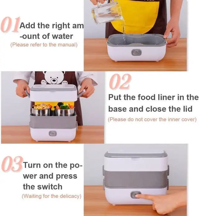 Alt view image 5 of 7 - Electric Cooker, Mini Lunch Box 2L, 200W, 4 Stainless Steel Tiers | Pordtable Rice Raw Food Warmer Cooker, 2-Layer Steamer for Office, Travel & Dorm