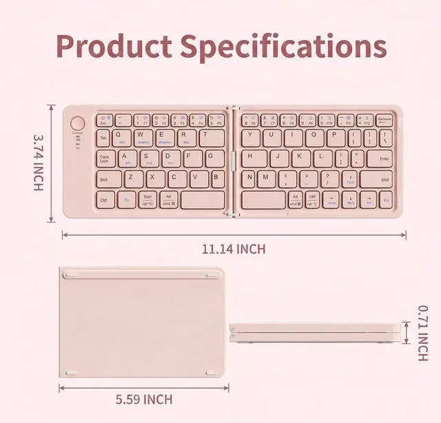 Alt view image 7 of 7 - Wireless Foldable Mini Rechargeable 5.4 Bluetooth Keyboard, 3 Bluetooth Channels, Ultra-Slim Travel Keyboard for iPhone iPad Mac Android Windows iOS, Silent Keyboard for Tablet Laptop Office (Pink)