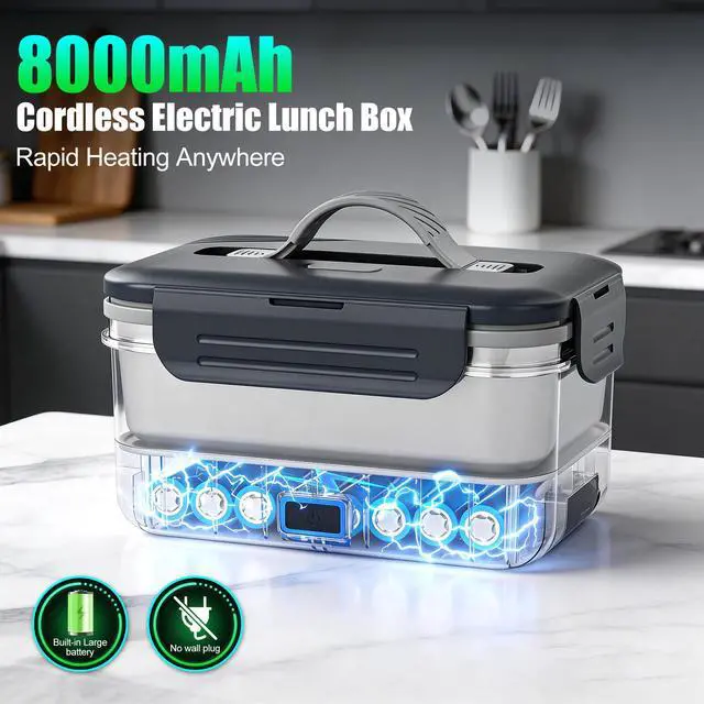 Alt view image 2 of 7 - 7.6 Cups Cordless Electric Lunch Box for Adults, 8000mAh Heated Lunch Box | Automatic Heating, Cordless Rechargeable Lunch Box for Office/Outdoor/Truck Gifts Christmas Day for Men Women