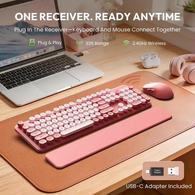 Alt view image 2 of 6 - Wireless Keyboard and Mouse Combo, Typewriter Keyboard with Magnetic Wrist Rest, Full-Size Cute Round Keycaps, Sleep Mode, 2.4G Keyboards for Mac/Windows/PC, Office or Home, Trueque CK23Pro | Full-Siz