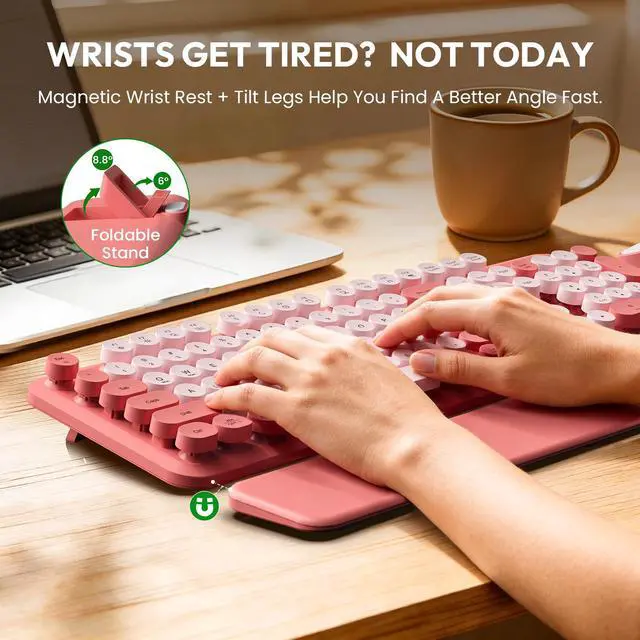 Alt view image 3 of 6 - Wireless Keyboard and Mouse Combo, Typewriter Keyboard with Magnetic Wrist Rest, Full-Size Cute Round Keycaps, Sleep Mode, 2.4G Keyboards for Mac/Windows/PC, Office or Home, Trueque CK23Pro | Full-Siz
