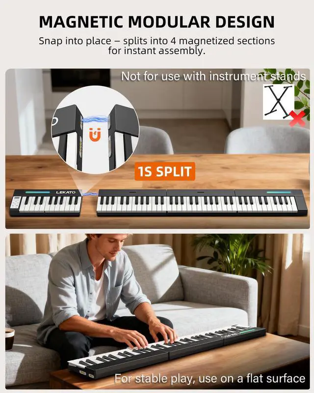 Alt view image 2 of 7 - LEKATO Portable Piano Keyboard, 4 pcs Magnetic Electric Piano with Up to 88 Keys, 128 Tones, 128 Rhythm, 21 Demo, Split, Dual Tone, Record, Bluetooth MIDI, Headphone Jack, for Beginners Home Travel