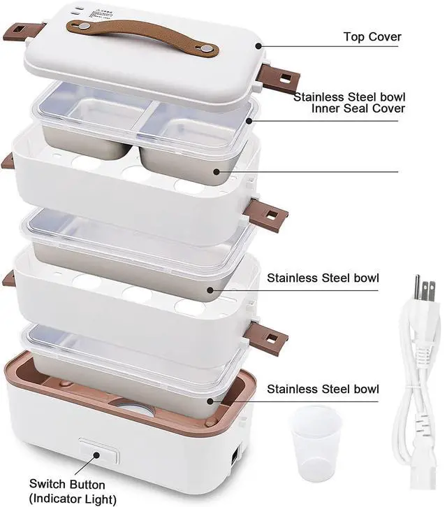 Alt view image 2 of 6 - Electric Lunch Box for Adults, 300W Cook Raw Rice 3 Layer Heated Lunch Box | 5.1-Cups 1200ML Portable Food Warmer,Food-Grade Stainless Steel for Home Office Travel Cook Food (3Layer)