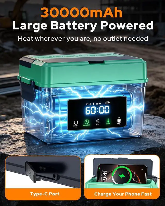 Alt view image 2 of 7 - 6.3 Cups Cordless Electric Lunch Box for Adults, 30000mAh Rechargeable Heated Lunch Box with Removable Tray Divider, 3D-5 Side Heating & 360° Thermal Cycle, Perfect For Worker, Trucks, Offices