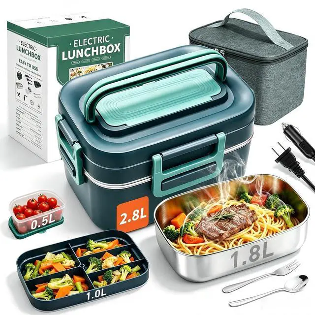 Main image of GUARDKING Electric Heated Lunch Box for Adults 2.8L+0.5L, 2-Layer 100W | Fast Heating Portable Food Warmer, for Men, Truck, Work, Car, Office, Travel, 12V/24V/110V, Leak-Proof, 304 Stainless Steel