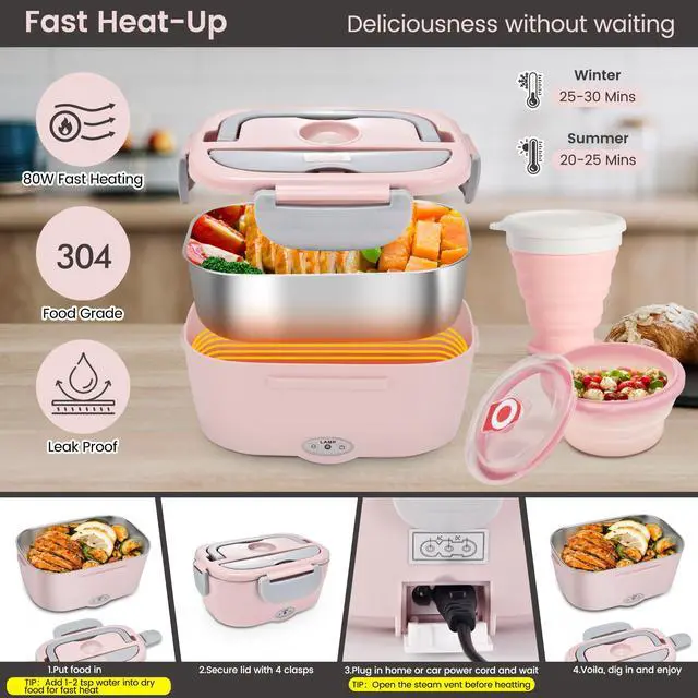 Alt view image 2 of 6 - Electric Lunch Box for Adults, 80W Portable Food Warmer. | Heated Lunch Box, 3-IN-1 80W Self Portable Food Warmer, For Car/Truck/Office, Upgraded Leak-Proof Stainless Steel Container