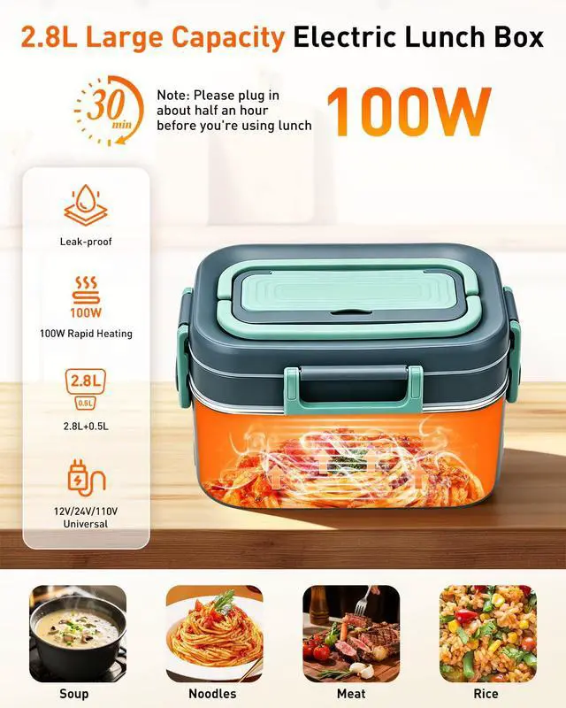 Alt view image 2 of 7 - GUARDKING Electric Heated Lunch Box for Adults 2.8L+0.5L, 2-Layer 100W | Fast Heating Portable Food Warmer, for Men, Truck, Work, Car, Office, Travel, 12V/24V/110V, Leak-Proof, 304 Stainless Steel