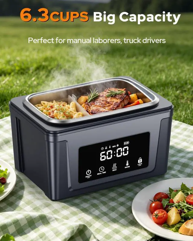 Alt view image 4 of 7 - 6.3 Cups Cordless Electric Lunch Box for Adults, 30000mAh Rechargeable Heated Lunch Box with Removable Tray Divider, 3D-5 Side Heating & 360° Thermal Cycle, Perfect For Worker, Trucks, Offices