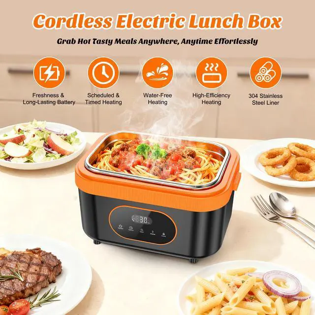 Alt view image 2 of 7 - Cordless Heated Lunch Box, 6-Cup Capacity 1.5L 360° Rapid Heating, Battery-Powered Portable Electric Lunch Box with Smart Timer, Rechargeable for Work, Travel, Car, Home & Outdoors