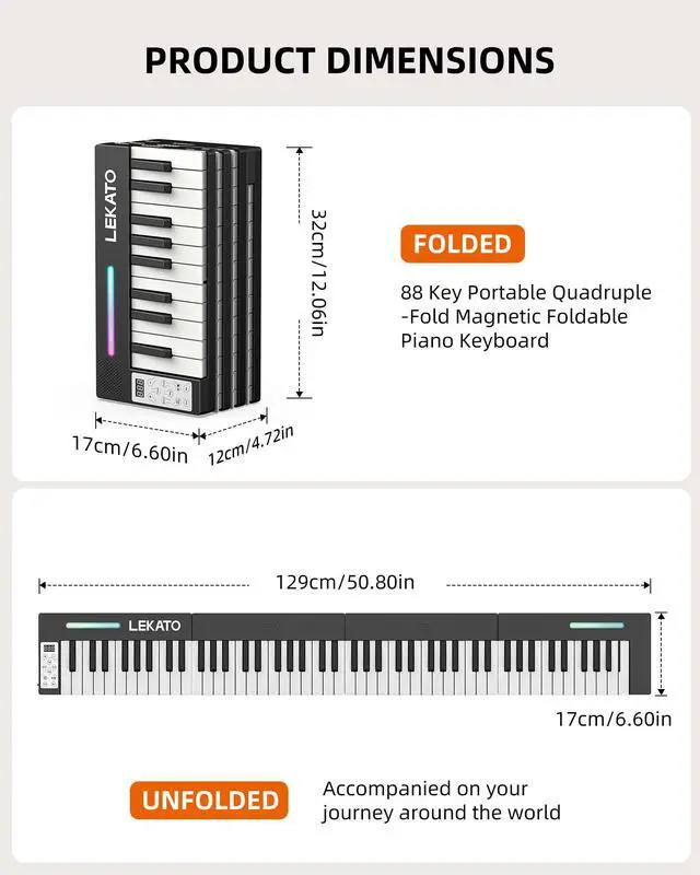 Alt view image 5 of 7 - LEKATO Portable Piano Keyboard, 4 pcs Magnetic Electric Piano with Up to 88 Keys, 128 Tones, 128 Rhythm, 21 Demo, Split, Dual Tone, Record, Bluetooth MIDI, Headphone Jack, for Beginners Home Travel