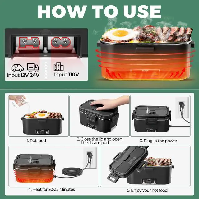Alt view image 5 of 7 - Electric Lunch Box for Adults 1.8L-100W Heated Lunch Box Food Warmer, ON/OFF Power Switch 12/24V/110V, home/Car/Office/Truck (Black) 1.8L Portable Fast Heating