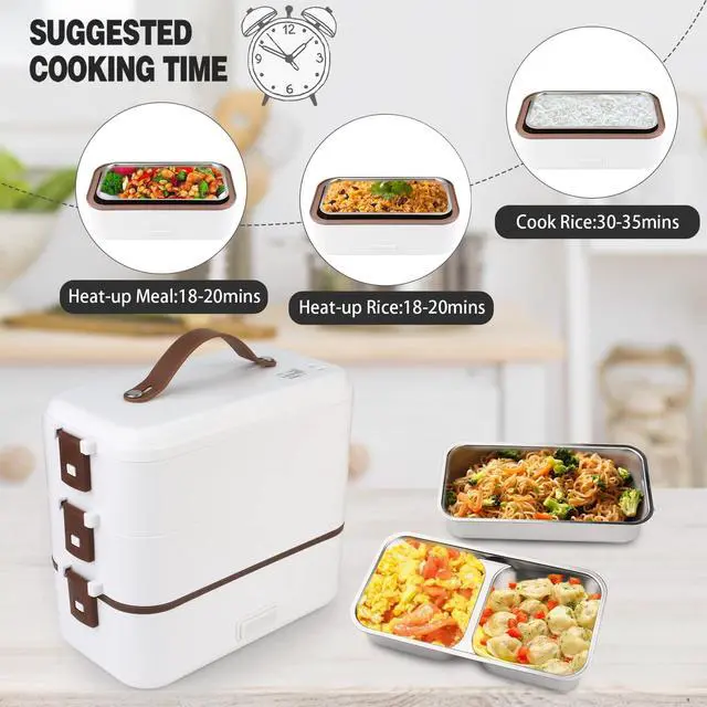 Alt view image 5 of 6 - Electric Lunch Box for Adults, 300W Cook Raw Rice 3 Layer Heated Lunch Box | 5.1-Cups 1200ML Portable Food Warmer,Food-Grade Stainless Steel for Home Office Travel Cook Food (3Layer)