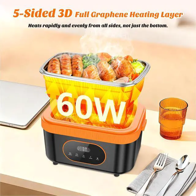 Alt view image 3 of 7 - Cordless Heated Lunch Box, 6-Cup Capacity 1.5L 360° Rapid Heating, Battery-Powered Portable Electric Lunch Box with Smart Timer, Rechargeable for Work, Travel, Car, Home & Outdoors