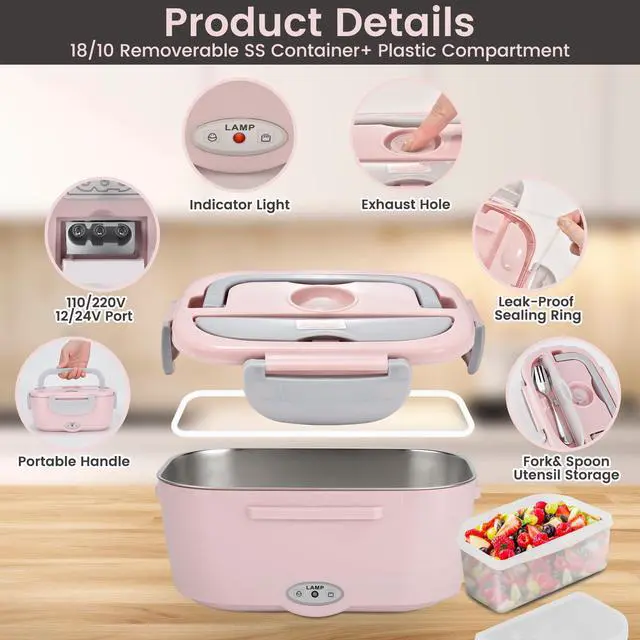Alt view image 5 of 6 - Electric Lunch Box for Adults, 80W Portable Food Warmer. | Heated Lunch Box, 3-IN-1 80W Self Portable Food Warmer, For Car/Truck/Office, Upgraded Leak-Proof Stainless Steel Container