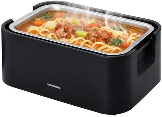 Main image of Portable 4 Cup Electric Heated Lunch Box, 33oz Food Warmer for Work & Travel, Leak-Proof Silicone Lid, Foldable Handle, Removable Stainless-Steel Container & Detachable Power Cord, Black