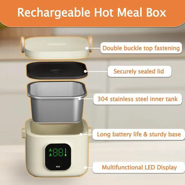 Alt view image 6 of 7 - Portable Heated Lunch Box for Adults, 800ml Capacity SS Inner Liner | Cordless Electric Food Warmer 14000 mAh Battery Powered,5 Temperature Settings&Digital Display, for Picnic/Camping/Office