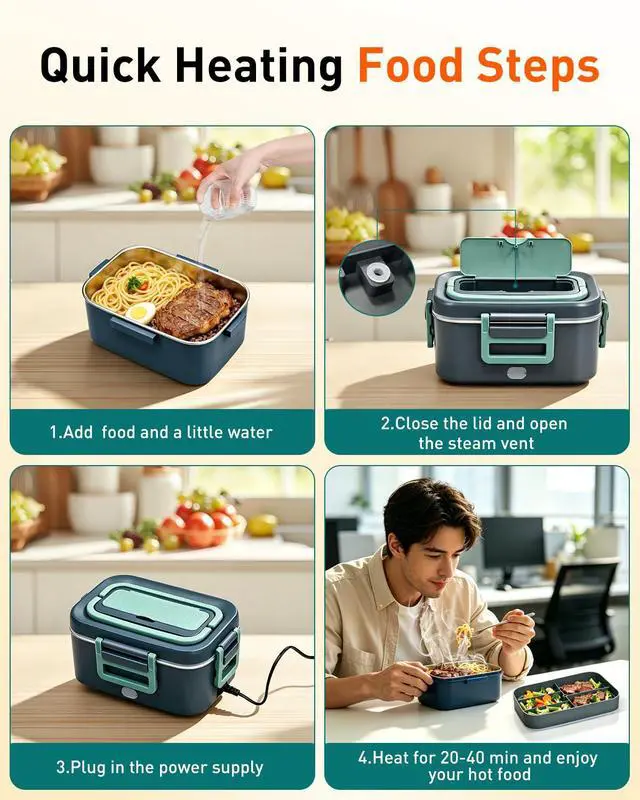 Alt view image 7 of 7 - GUARDKING Electric Heated Lunch Box for Adults 2.8L+0.5L, 2-Layer 100W | Fast Heating Portable Food Warmer, for Men, Truck, Work, Car, Office, Travel, 12V/24V/110V, Leak-Proof, 304 Stainless Steel