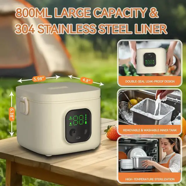 Alt view image 7 of 7 - Portable Heated Lunch Box for Adults, 800ml Capacity SS Inner Liner | Cordless Electric Food Warmer 14000 mAh Battery Powered,5 Temperature Settings&Digital Display, for Picnic/Camping/Office