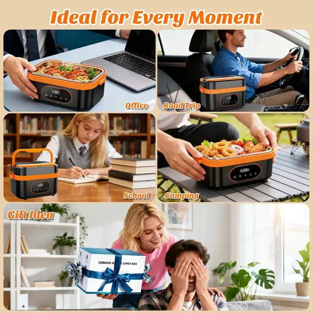 Alt view image 7 of 7 - Cordless Heated Lunch Box, 6-Cup Capacity 1.5L 360° Rapid Heating, Battery-Powered Portable Electric Lunch Box with Smart Timer, Rechargeable for Work, Travel, Car, Home & Outdoors