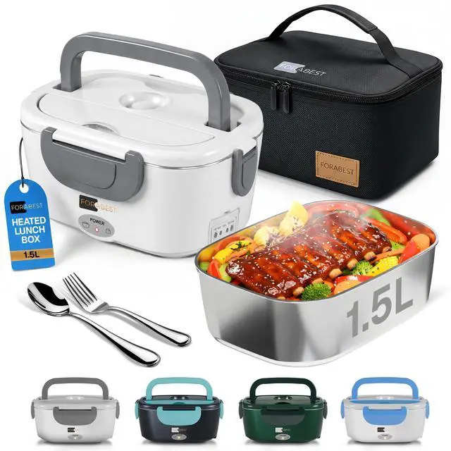 Main image of Heated Lunch Box 1.5L Tray Electric Lunch Box for Adult White Gray | 80W Portable Food Warmer, 1.5L Stainless Steel Container, Carry Bag & Leakproof Lid - 12/24V Car/Truck & 110/220V Home/Office