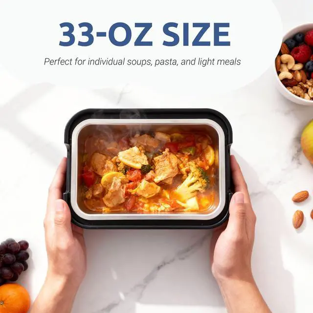 Alt view image 3 of 7 - Portable 4 Cup Electric Heated Lunch Box, 33oz Food Warmer for Work & Travel, Leak-Proof Silicone Lid, Foldable Handle, Removable Stainless-Steel Container & Detachable Power Cord, Black