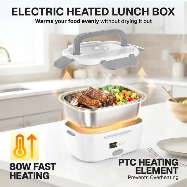 Alt view image 2 of 7 - Heated Lunch Box 1.5L Tray Electric Lunch Box for Adult White Gray | 80W Portable Food Warmer, 1.5L Stainless Steel Container, Carry Bag & Leakproof Lid - 12/24V Car/Truck & 110/220V Home/Office