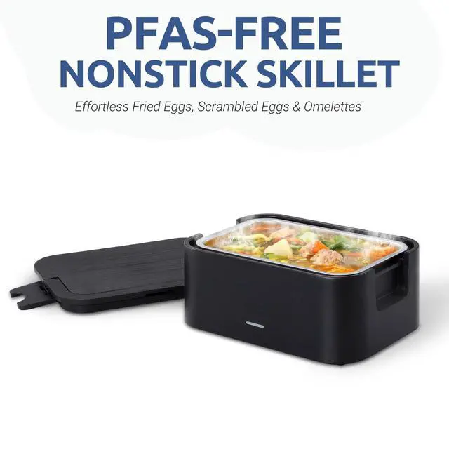 Alt view image 4 of 7 - Portable 4 Cup Electric Heated Lunch Box, 33oz Food Warmer for Work & Travel, Leak-Proof Silicone Lid, Foldable Handle, Removable Stainless-Steel Container & Detachable Power Cord, Black