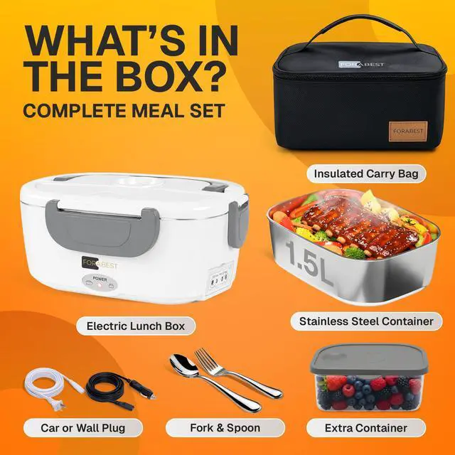 Alt view image 3 of 7 - Heated Lunch Box 1.5L Tray Electric Lunch Box for Adult White Gray | 80W Portable Food Warmer, 1.5L Stainless Steel Container, Carry Bag & Leakproof Lid - 12/24V Car/Truck & 110/220V Home/Office