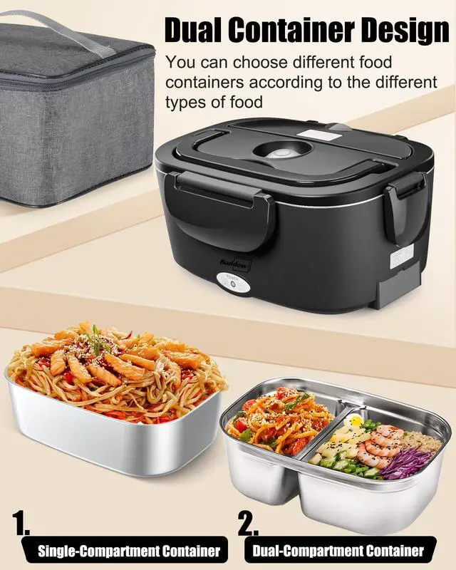 Alt view image 3 of 7 - Electric Lunch Box for Adults, 80W Heated Lunch Box with Dual 1.5L Stainless Steel Portable Food Warmer,12/24/110V Lonchera Electrica Portatil for Travel&Work, Loncheras para Hombres de Trabajo