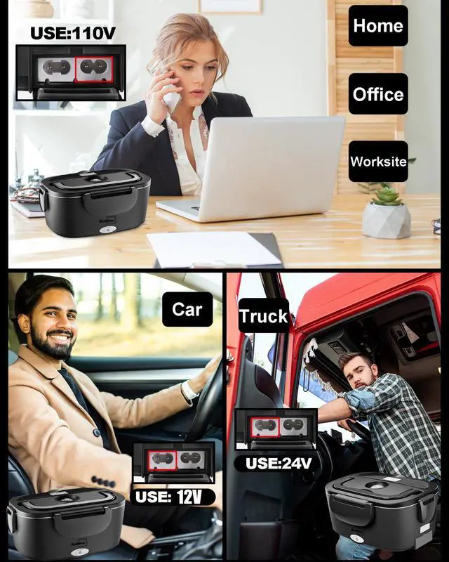 Alt view image 4 of 7 - Electric Lunch Box for Adults, 80W Heated Lunch Box with Dual 1.5L Stainless Steel Portable Food Warmer,12/24/110V Lonchera Electrica Portatil for Travel&Work, Loncheras para Hombres de Trabajo