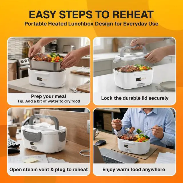 Alt view image 4 of 7 - Heated Lunch Box 1.5L Tray Electric Lunch Box for Adult White Gray | 80W Portable Food Warmer, 1.5L Stainless Steel Container, Carry Bag & Leakproof Lid - 12/24V Car/Truck & 110/220V Home/Office