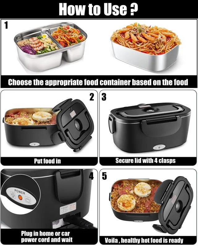 Alt view image 5 of 7 - Electric Lunch Box for Adults, 80W Heated Lunch Box with Dual 1.5L Stainless Steel Portable Food Warmer,12/24/110V Lonchera Electrica Portatil for Travel&Work, Loncheras para Hombres de Trabajo