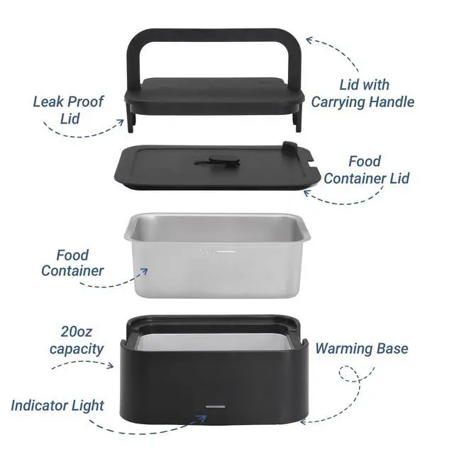 Alt view image 6 of 7 - Portable 4 Cup Electric Heated Lunch Box, 33oz Food Warmer for Work & Travel, Leak-Proof Silicone Lid, Foldable Handle, Removable Stainless-Steel Container & Detachable Power Cord, Black